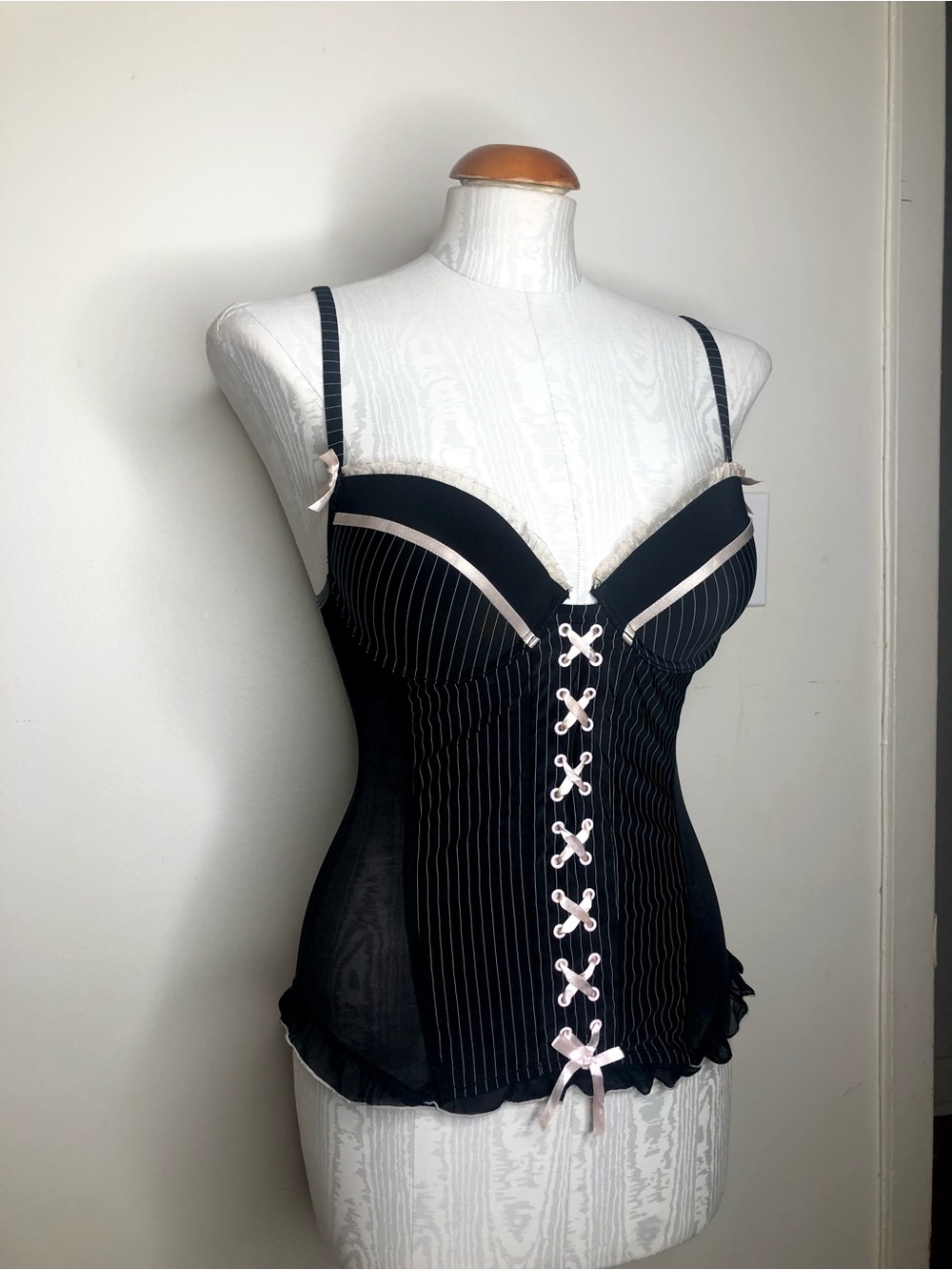 Black Pinstripe Lace-Up Corset Tank Top with Pink Trim